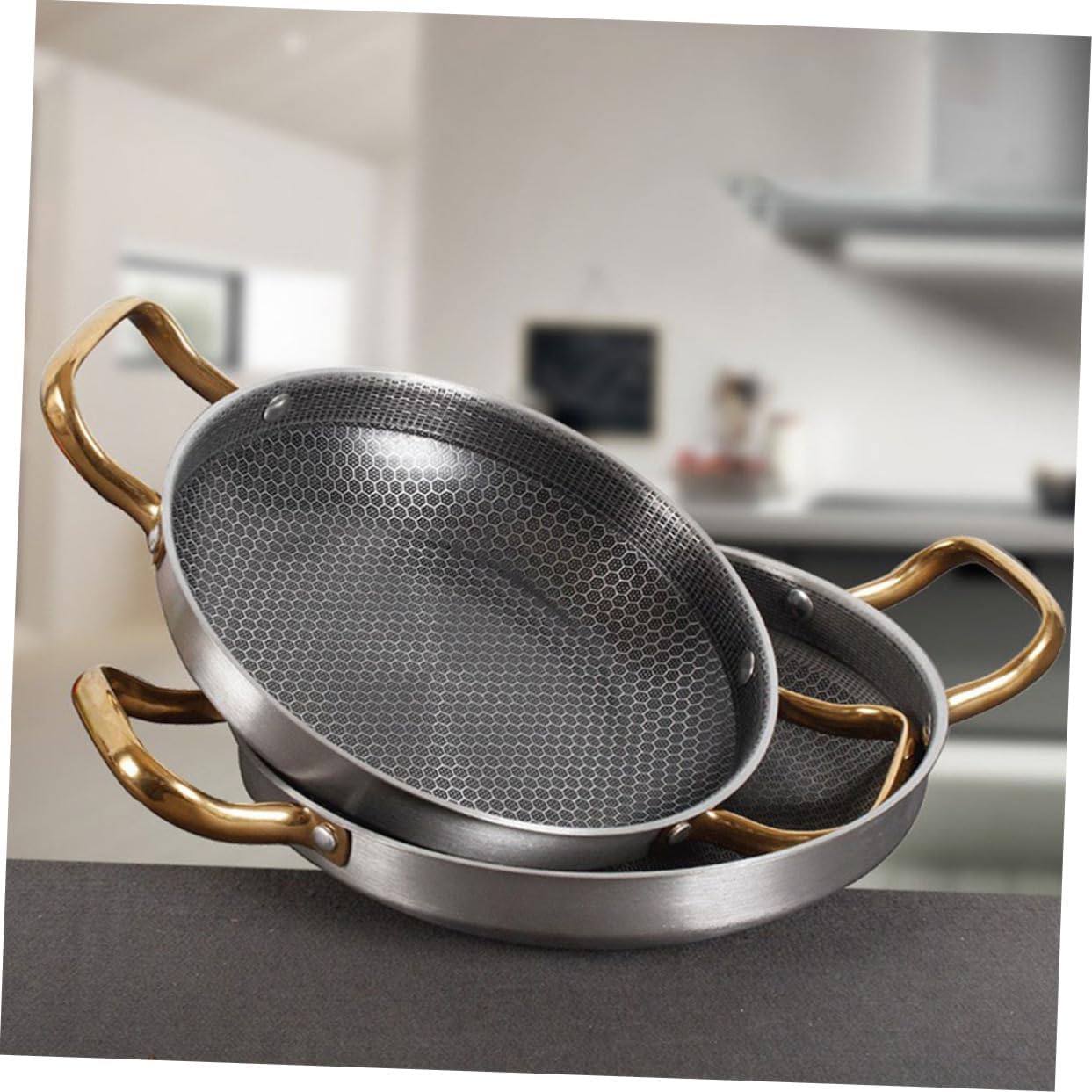 24CM Honeycomb Flat pan Steel Wok with Double Handle for Gas Electric Induction