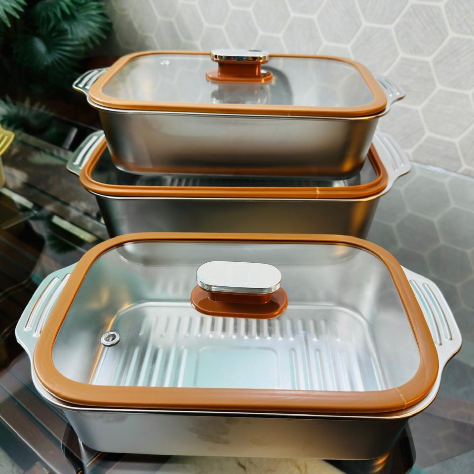 New H Stainless Steel Flat Serving Dish Bake dish with Glass Lid