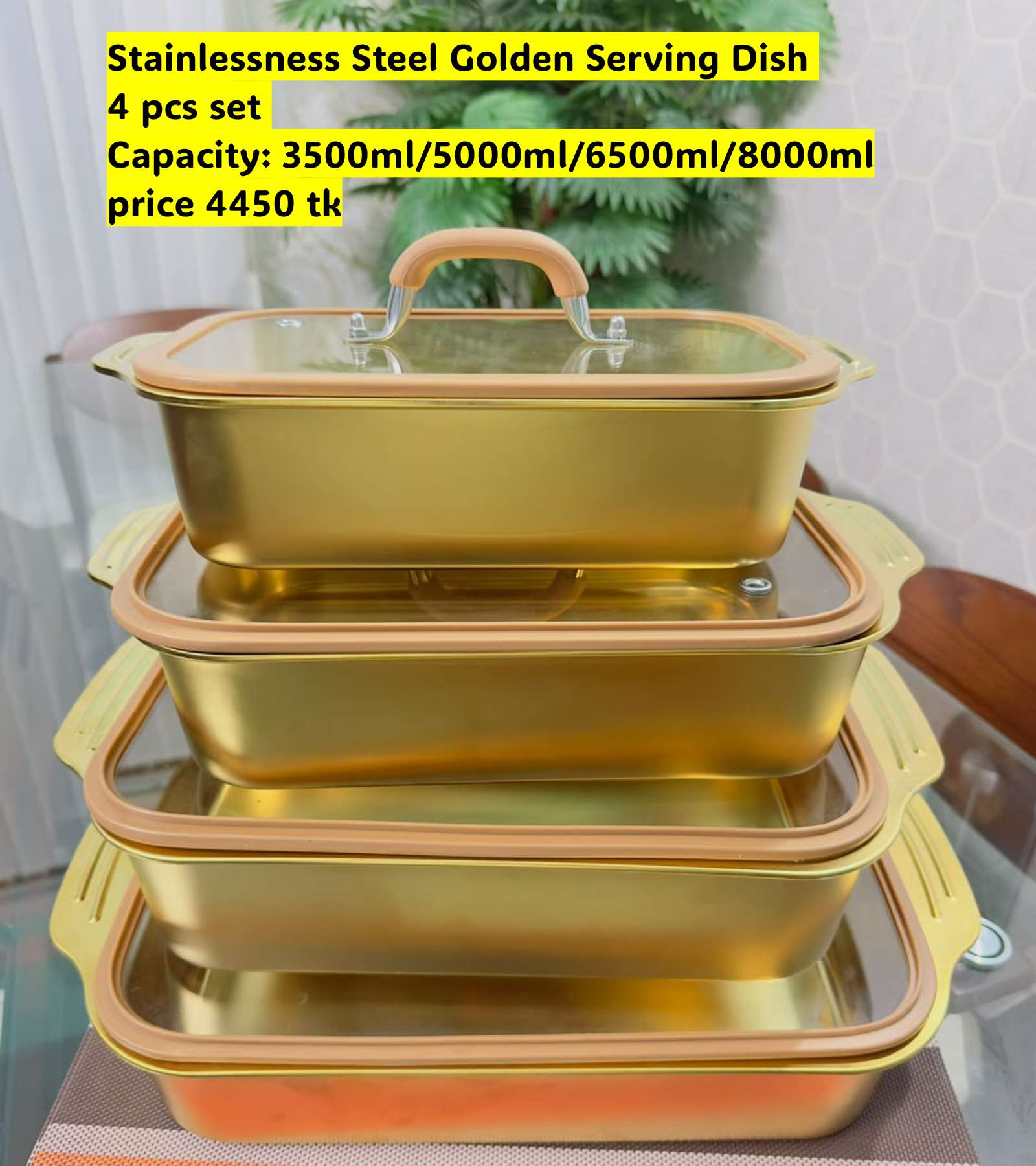 Golden Stainless Steel Serving Dish With Glass Lid 4 Pcs