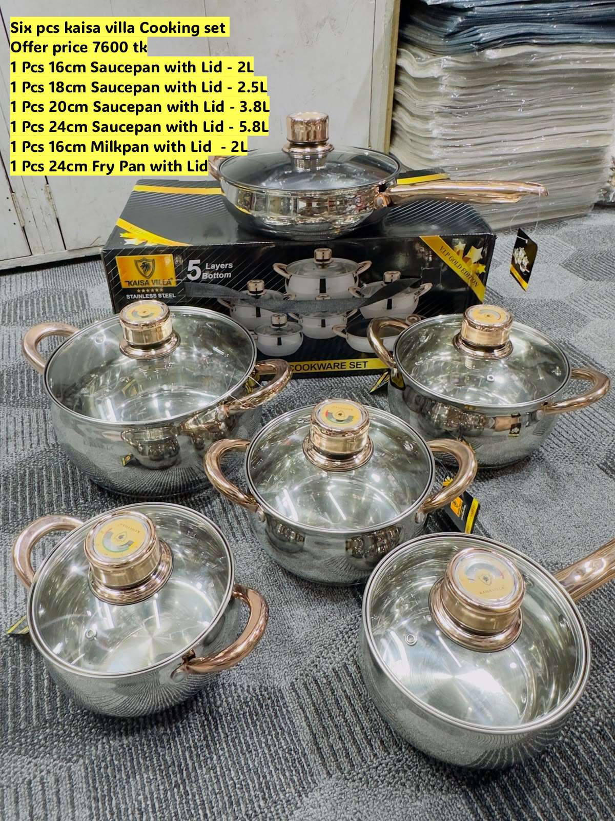 12 Pcs Kaisa Villa Stainless Steel Cookware Set with Lid KV-6685 Golden H