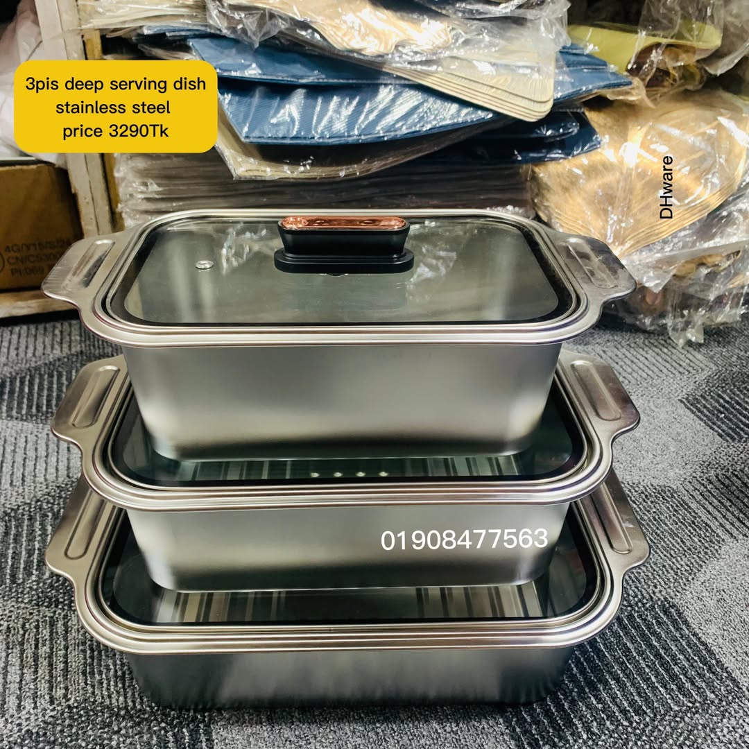3pcs Silver Stainless Steel Serving Dish With Glass Lid ( Model : Deep Stripe )