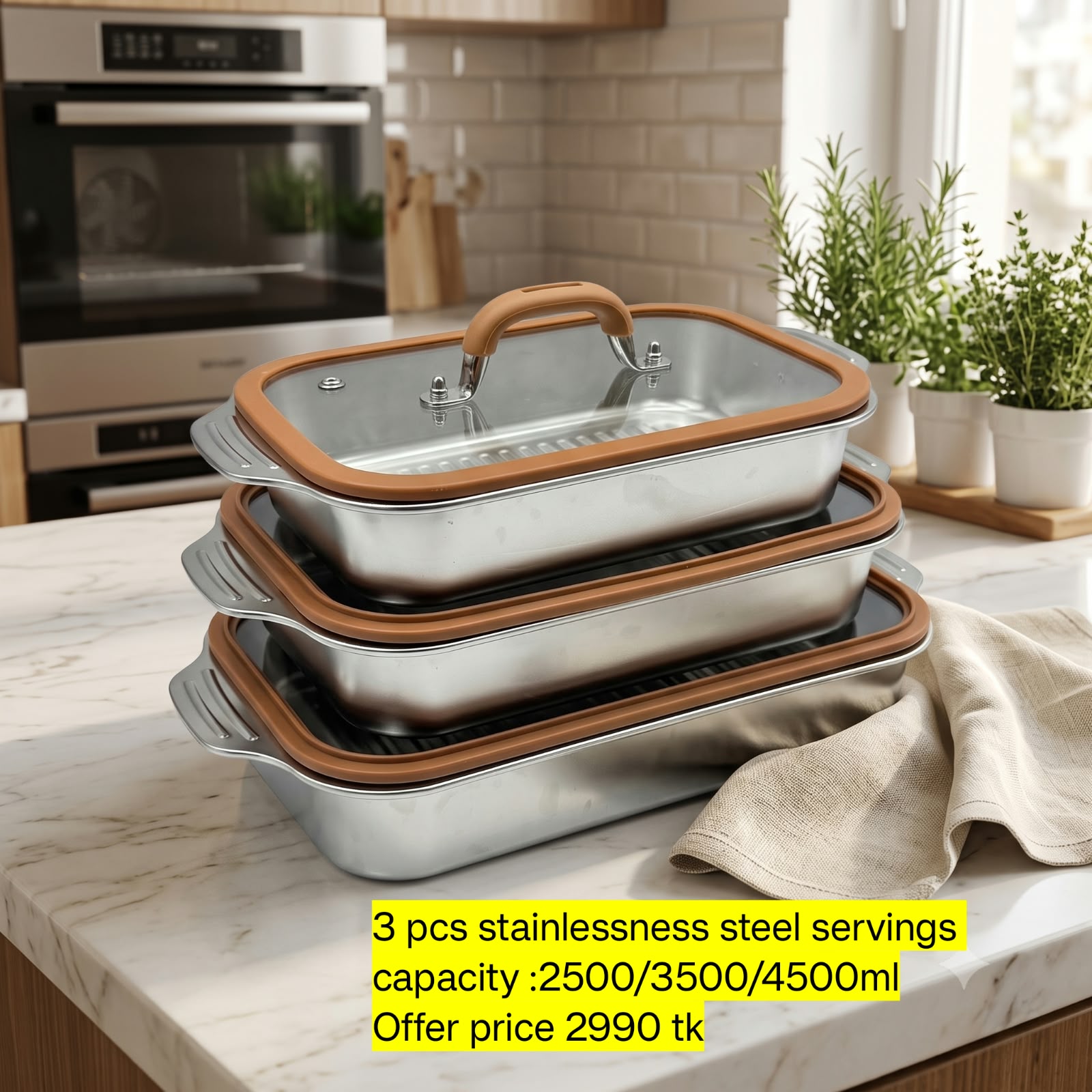 3pcs Silver Stainless Steel Serving Dish With Glass Lid Deep Silicon lid