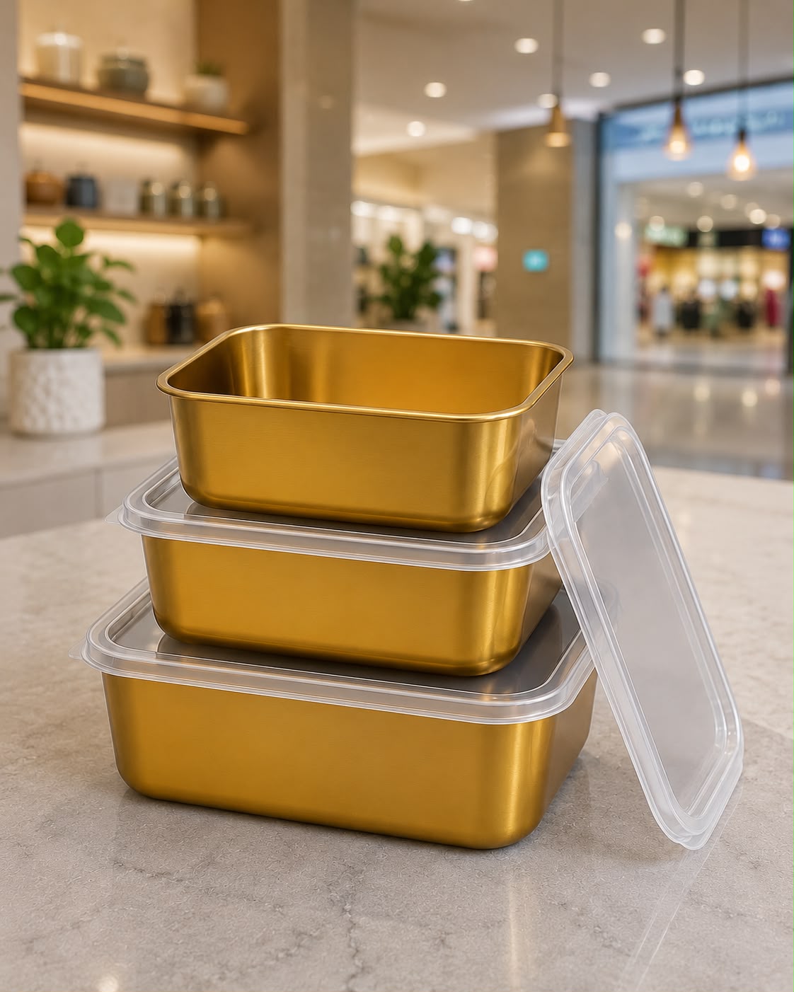 Golden Stainless Steel Airtight Food Storage Container Set – 3 Pcs