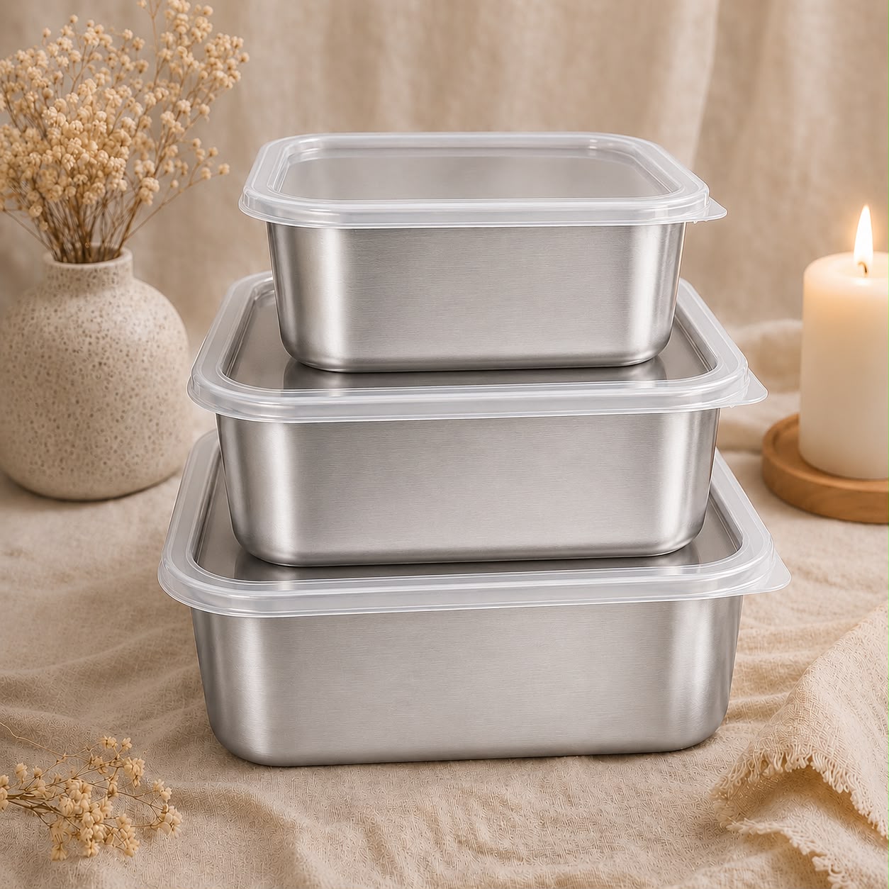 Silver Stainless Steel Airtight Food Storage Container Set – 3 Pcs
